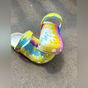Tie-dye CROCS have been worn, but still in pretty good condition!! 🌈